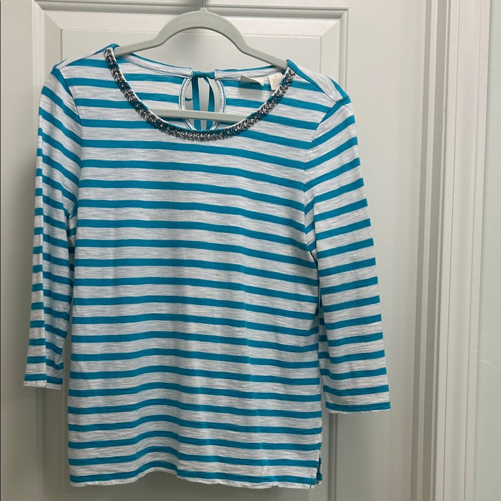 Chico's Turquoise and White Striped Top with jeweled neck and ribbon tie